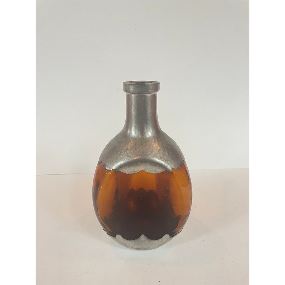 Vintage‎ Amber Glass Decanter Hammered Metal Overlay Scalloped Bottle Brutalist
